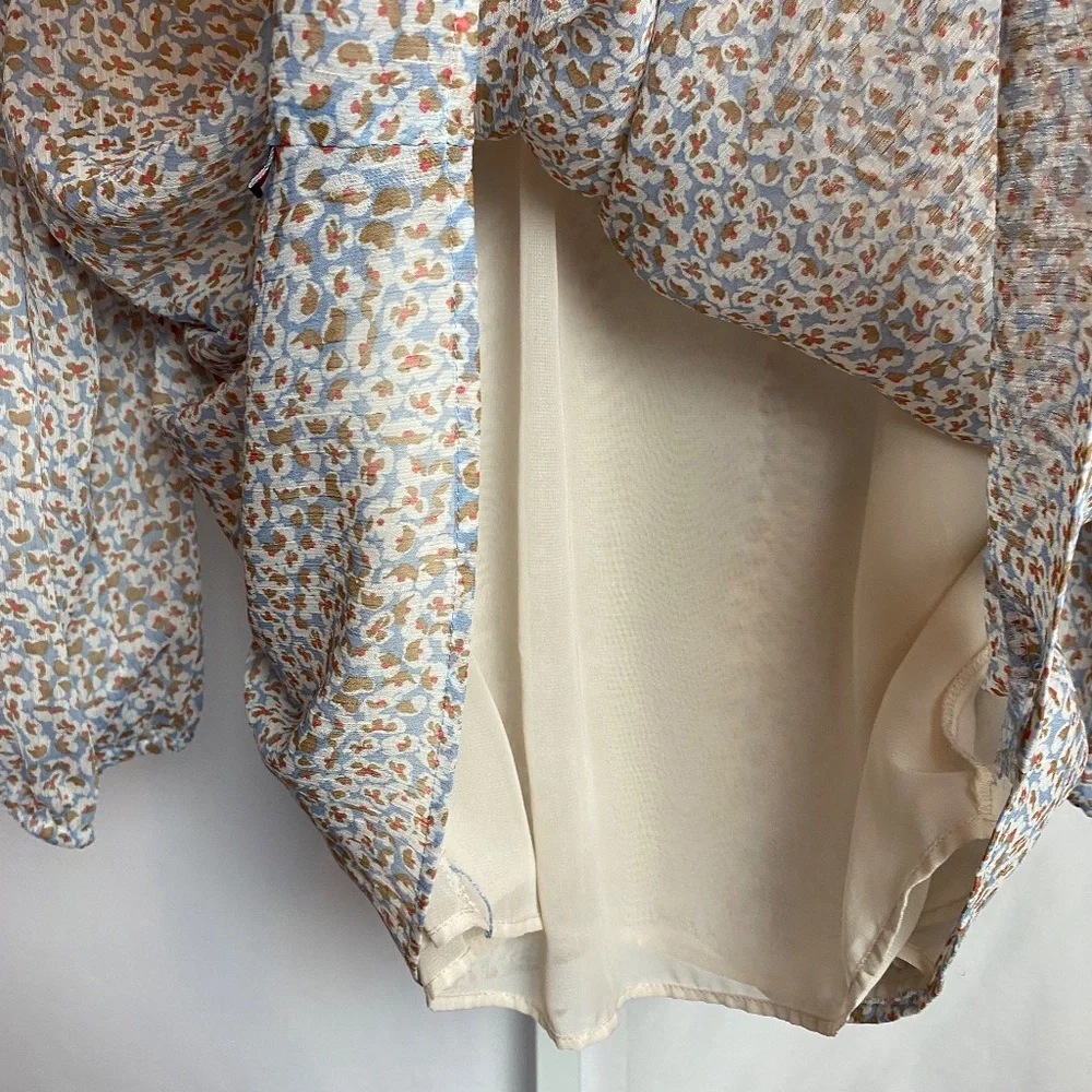 Tommy Hilfiger Womenʻs 3/4 Sleeve Pleated Tan | Blue Floral Lined Blouse XL